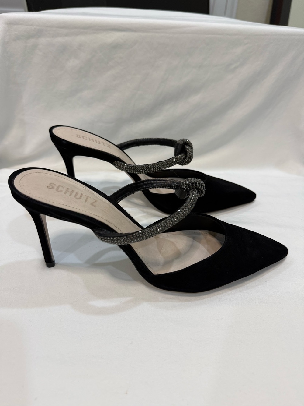 SCHUTZ Black Pointed Toe Knotted Strap Heels